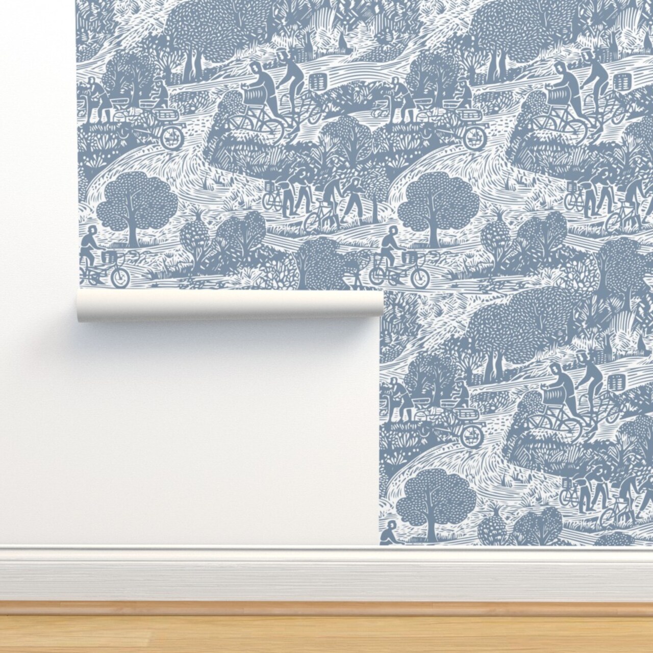 Folk Bicycle Toile Blue Monochrome Block Print Trees Lines Cycling Scandi Custom Pre-pasted Wallpaper by Spoonflower Pre-Pasted Wallpaper 2FT Wide